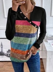 SHEIN Clasi Color Block Button Detail Tee - Black - View 3