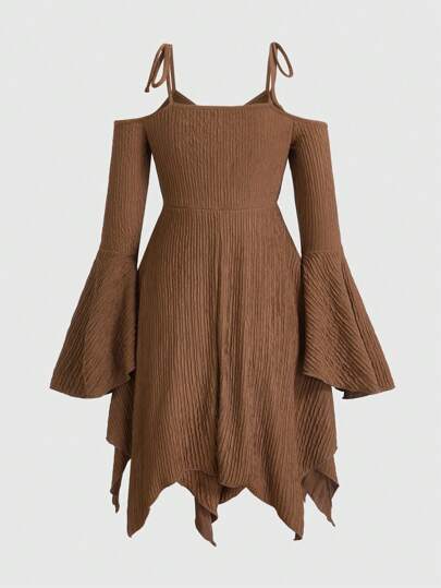 Fairycore Vestido de hombros descubiertos con nudo delantero de manga con volante bajo hanky