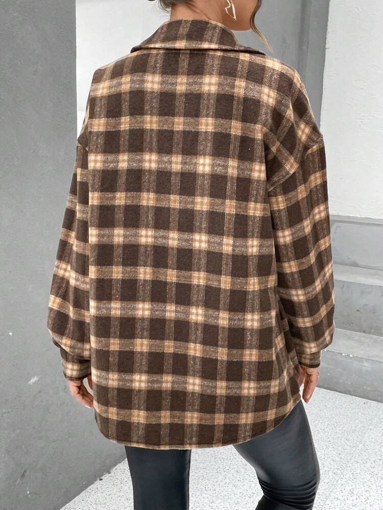 Plaid Print Drop Shoulder Flap Pocket Coat