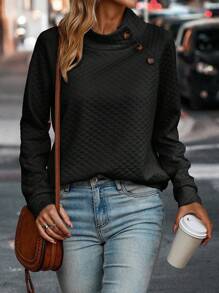 SHEIN LUNE Chất rắn Chi tiết Nút Áo nỉ - màu đen - Xem 5