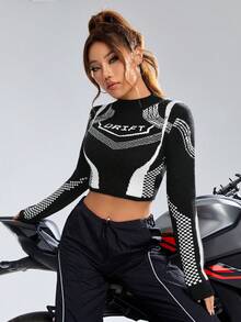 SHEIN Coolane 字母圖案小高領短款毛衣 - 黑與白 - 查看 3