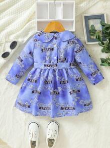Baby Girl Letter Graphic Peter Pan Collar Belted Dress