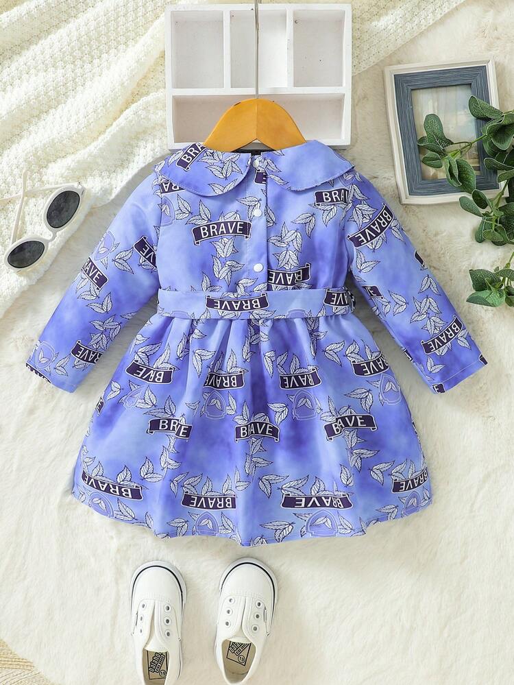 Baby Girl Letter Graphic Peter Pan Collar Belted Dress