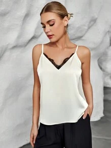 SHEIN Privé Lace Trim Cami Top - Beige - View 2