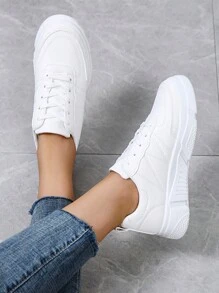 休閒平底滑板鞋防滑女鞋時尚透氣厚底運動鞋 - 白色 - 查看 3