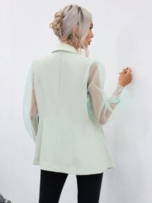 SHEIN Privé Contrast Mesh Flounce Sleeve Shawl Collar Double Breasted Blazer - Mint Green - View 2