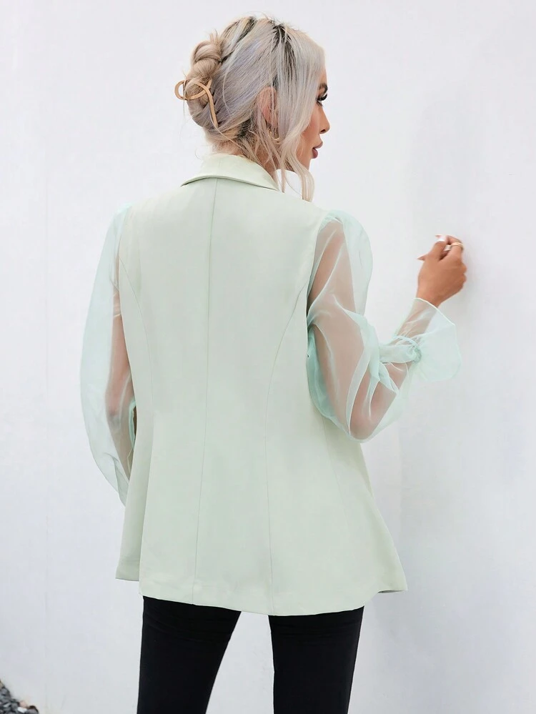 Contrast Mesh Flounce Sleeve Shawl Collar Double Breasted Blazer