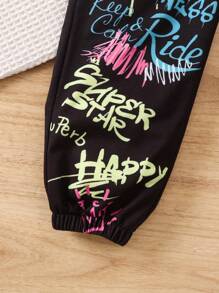 Sparklyn 青少年女孩字母卡通熊圖形運動長褲 - 黑色 - 查看 3