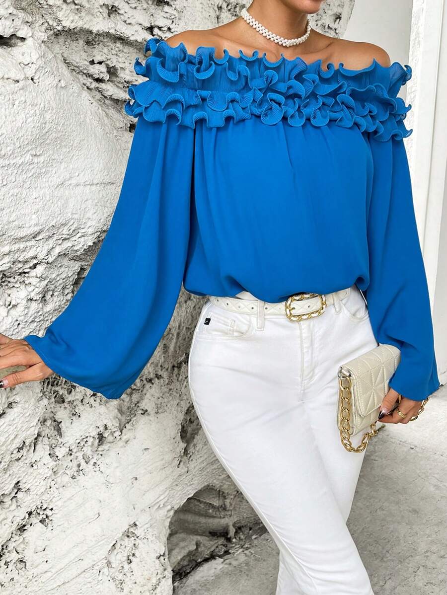 SHEIN Privé Blusa de hombros descubiertos ribete con fruncido de manga farol - Azul - Ver 1