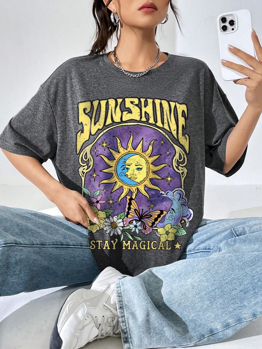 SHEIN EZwear mặt trời & Đồ họa Chữ cái Thả vai Áo phông Quá khổ - Màu xám đen - Xem 1