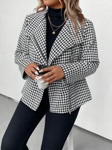SHEIN Clasi Plus Houndstooth Print Zipper Placket Coat Fall Cloth For Women - Black and White - View 5
