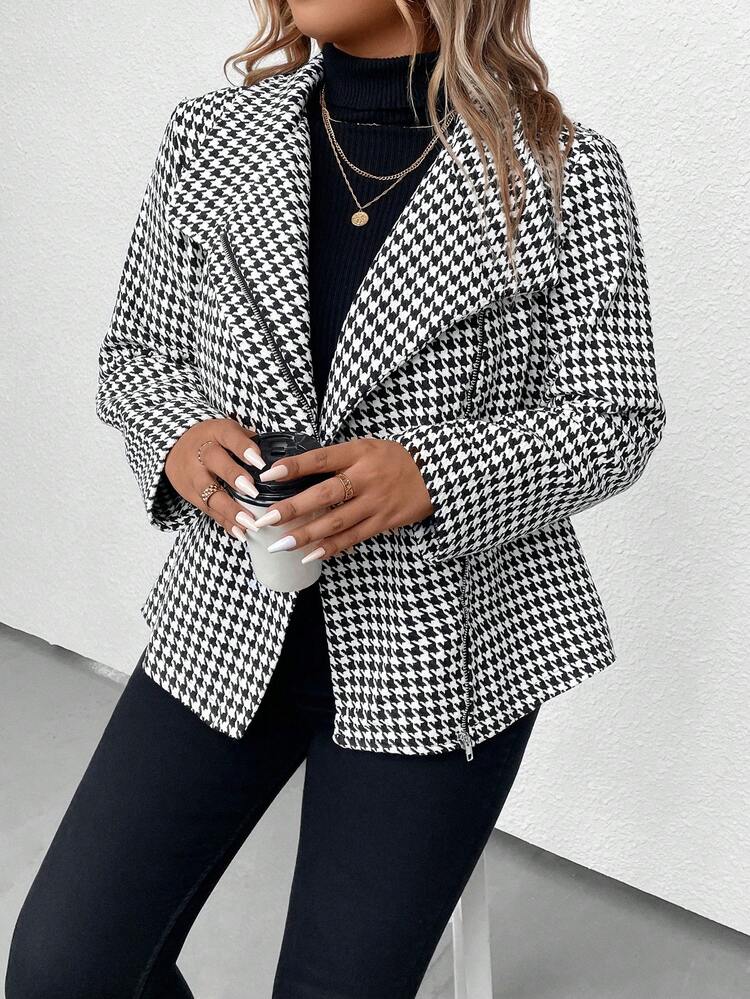 Plus Houndstooth Print Zipper Placket Coat Fall Cloth For Women