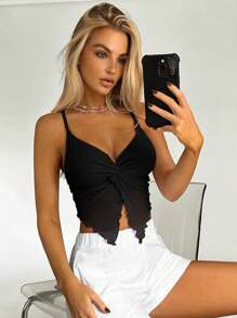 SHEIN EZwear 前扭結木耳邊吊帶上衣 - 黑色 - 查看 3