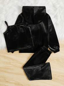 SHEIN 女小童水鑽字母圖案吊帶上衣&拉鍊開襟連帽夾克&喇叭褲 - 黑色 - 查看 2