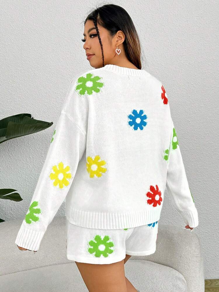 Plus Floral Pattern Drop Shoulder Sweater & Knit Shorts