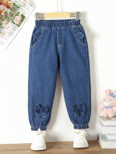 SHEIN Young Girl Bow Detail Jogger Jeans Young Girl Bow Jeansgirls Bow Jeansbow Jeans Kidsdenim Pants For Girls