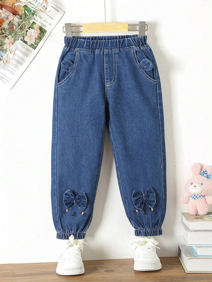 SHEIN Young Girl Bow Detail Jogger Jeans Young Girl Bow Jeansgirls Bow Jeansbow Jeans Kidsdenim Pants For Girls - Dark Wash - View 1