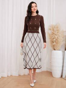 Modelyn Argyle Pattern Pearls Beaded Sweater Dress - Coffee Brown - View 1