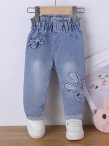 Baby Girl Cartoon Patched Bow Front Paperbag Waist Jeans