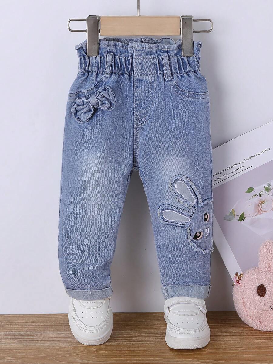 Baby Girl Cartoon Patched Bow Front Paperbag Waist Jeans