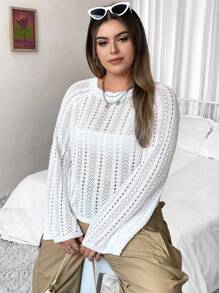 Flirla Plus Solid Pointelle Knit Sweater Knit Pullover Fall Winter Outfit - White - View 4