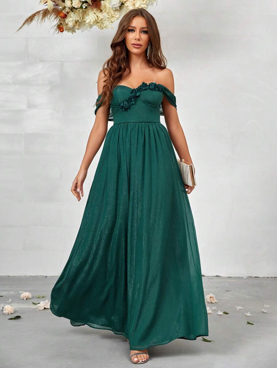 SHEIN Belle Váy cô dâu lệch vai - màu xanh lá - Xem 1