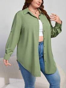 SHEIN Essnce 纯色正面纽扣衬衫 - 綠色 - 查看 6