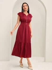 Modelyn Notched Neckline Ruffle Hem Dress - Red - View 4