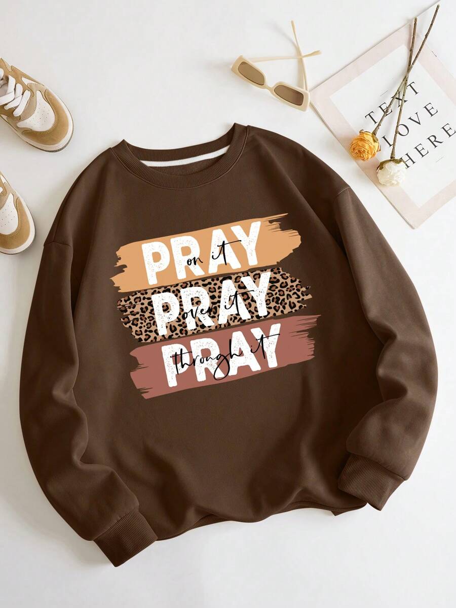 INAWLY Plus Letter Graphic Thermal Lined Sweatshirt, For Winter - Coffee Brown - View 1