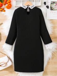 SHEIN 女大童蕾絲拼接彼得潘領洋裝 - 黑色 - 查看 2