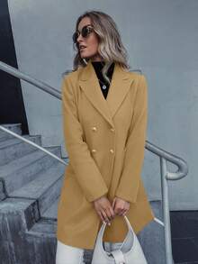 西裝領雙排釦花呢外套 - 卡其色 - 查看 4