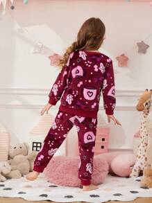 Young Girl Star & Leaf Print PJ Set - Burgundy - View 2