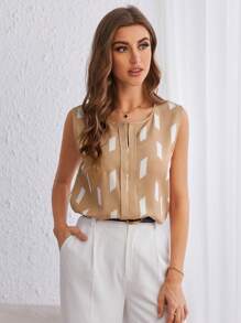 SHEIN Clasi Geo Print Press Crease Blouse - Khaki - View 5