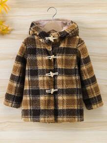 Young Boy Plaid Pattern Hooded Duffle Teddy Coat - Multicolor - View 1