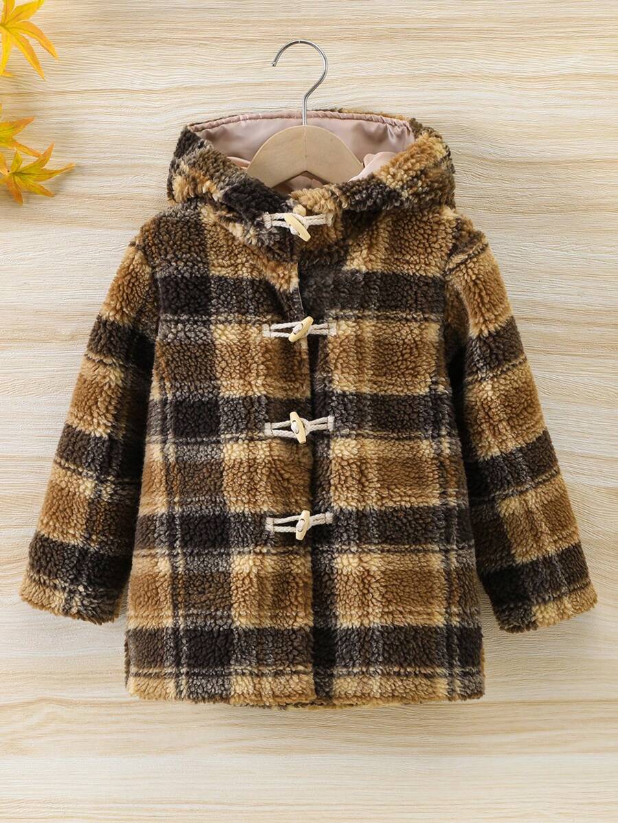 Young Boy Plaid Pattern Hooded Duffle Teddy Coat - Multicolor - View 1