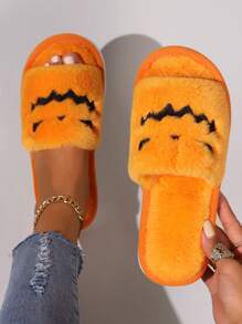 Halloween Fun Slippers, Orange Colored & Open Toe Design Women's Winter Indoor Anti-slip Home Slippers, Fashionable - Orange - View 5