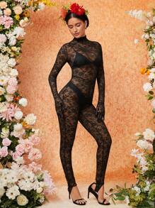 LEYU Designer Mock Neck Stirrup Hem Lace Unitard Jumpsuit Without Lingerie Set, Fall Women Clothes, For Autumn, Holiday - Black - View 1