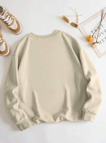 INAWLY 南瓜字母图案保暖内衬套头卫衣，秋季卫衣 - 米色 - 查看 2