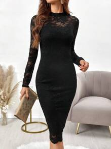 SHEIN Clasi Solid Lace Bodycon Dress - Black - View 5