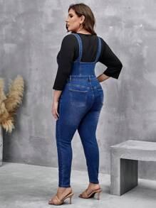 SHEIN LUNE Plus Ripped Denim Overalls Without Top - Medium Wash - View 4