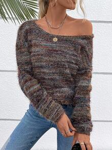 SHEIN VCAY 段染落肩袖運動衫 - 棕色 - 查看 5