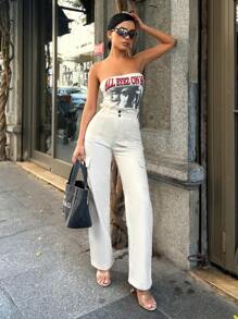 SHEIN Cottnline Kieszenie z klapką z boku Dżinsy cargo - Beżowy - Zobacz 3