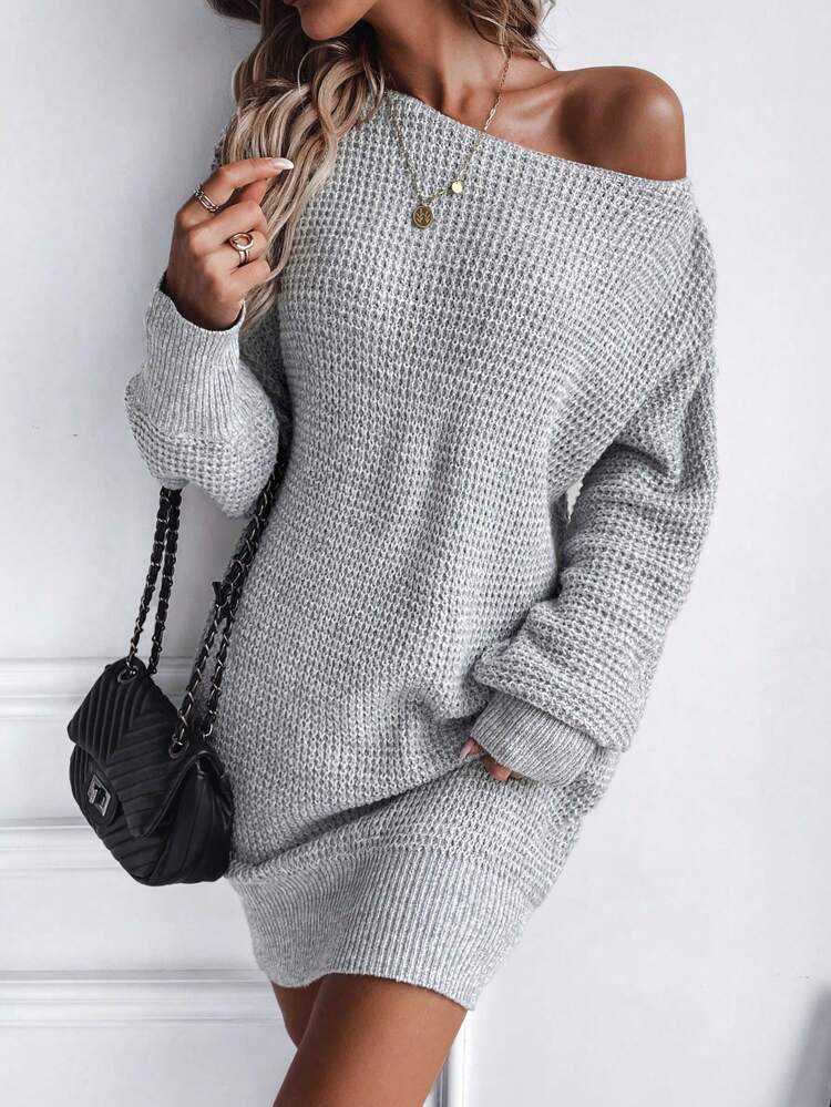 Solid Batwing Sleeve Sweater Dress Without Belt Fall Winter Cloth For Women