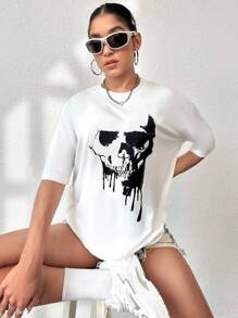 SHEIN Unity 萬聖節骷髅頭圖案落肩T恤 - 白色 - 查看 3