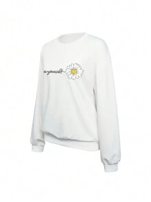 Floral & Letter Graphic Drop Shoulder Sweatshirt - White - View 3