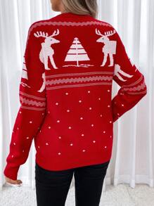 SHEIN Maternity Christmas Pattern Drop Shoulder Sweater, For Winter - Red and White - View 2