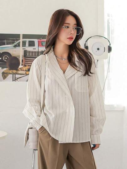 DAZY 女士休闲宽松条纹衬衫，春秋装，长袖上衣，秋季女装