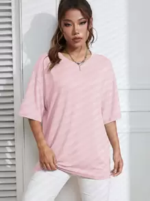INAWLY Solid Drop Shoulder Tee - Pink - View 4
