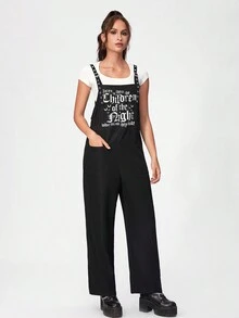 Nemons 標語圖案口袋貼布背帶連身褲不帶T恤 - 黑色 - 查看 5