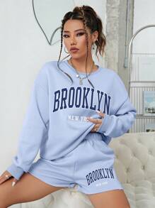 SHEIN EZwear Letter Graphic Drop Shoulder Sweatshirt & Shorts - Blue - View 6